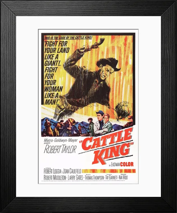 Framed Print : CATTLE KING, (aka CATTLE KING OF WYOMING), top: Robert Taylor, bottom l-r: Robert Taylor, Joan Caulfield on poster art, 1963