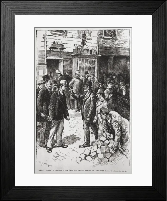 Framed Print : Tammany workers at the polls in Pell Street, New York City, preparing for a fight, Nov. 1889. HARPER'S WEEKLY wood engraving after a drawing by W. A