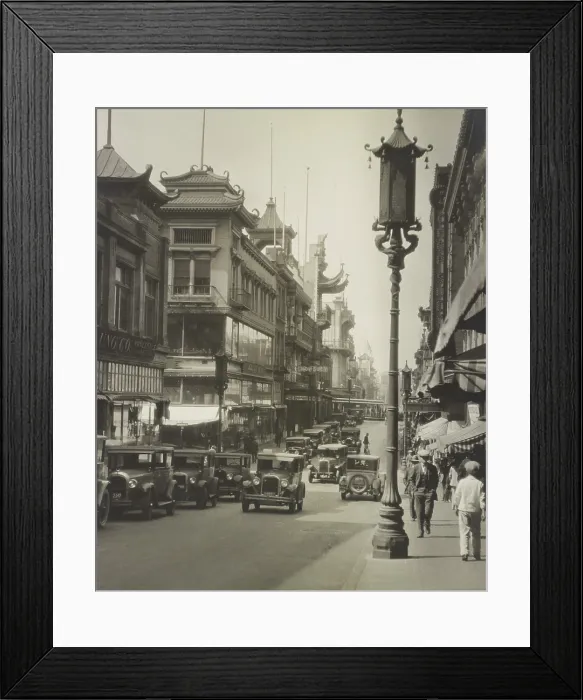 Framed Print : Auto traffic on a street in Chinatown, San Francisco, California, c. 1915-1925