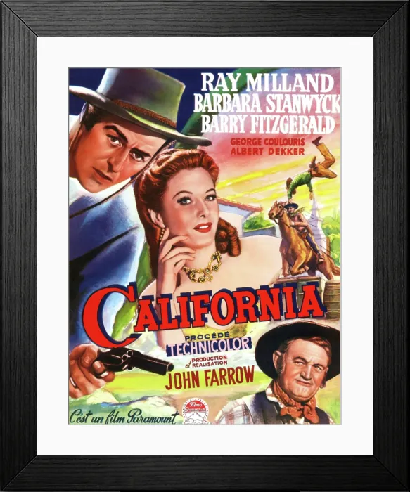 Framed Print : CALIFORNIA, top l-r: Ray Milland, Barbara Stanwyck, bottom: Barry Fitzgerald on Belgian poster art, 1946 Framed Print : CALIFORNIA, top l-r: Ray Milland, Barbara Stanwyck, bottom: Barry Fitzgerald on Belgian poster art, 1946