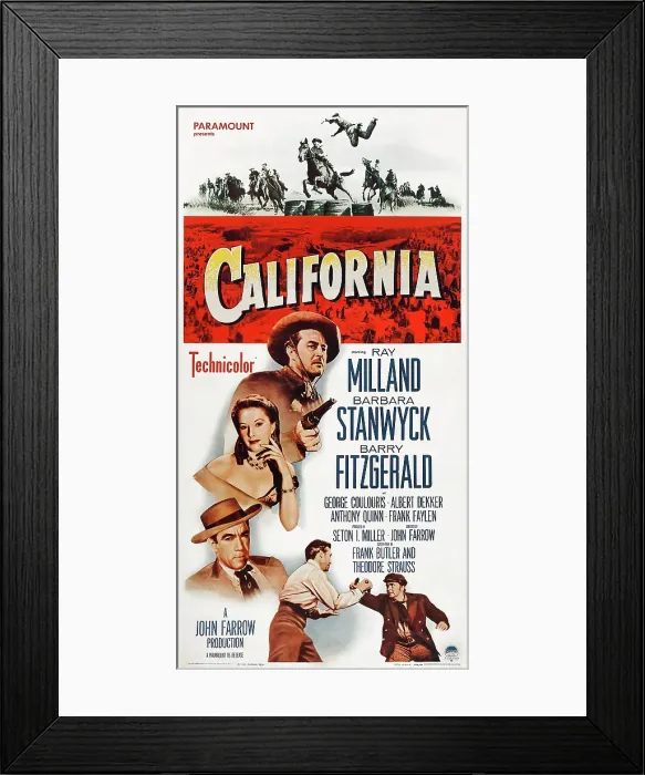 Framed Print : CALIFORNIA, US poster, from top: Ray Milland, Barbara Stanwyck, Anthony Quinn, Ray Milland, Albert Dekker, 1947 Framed Print : CALIFORNIA, US poster, from top: Ray Milland, Barbara Stanwyck, Anthony Quinn, Ray Milland, Albert Dekker, 1947