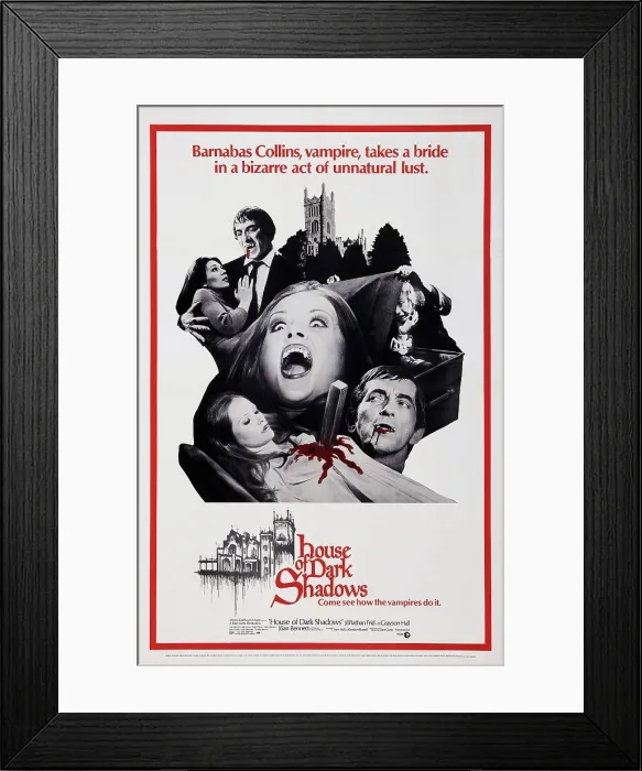 Framed Print : HOUSE OF DARK SHADOWS, US poster art, center and bottom left: Nancy Barrett; top left and bottom right: Jonathan Frid, 1970