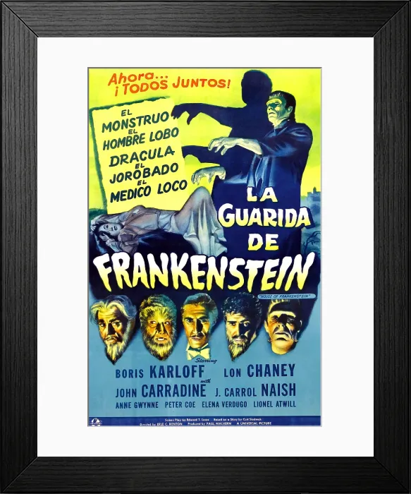 Framed Print : HOUSE OF FRANKENSTEIN, girl on mid-left: Elena Verdugo; top right: Glenn Strange; bottom row, from left to right: Boris Karloff, Lon Chaney (aka Lon Chaney, Jr.')