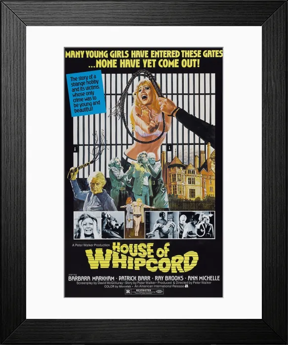 Framed Print : HOUSE OF WHIPCORD, top: Penny Irving, center left: Shelia Keith, bottom left: Penny Irving, far right: Sheila Keith on poster art, 1974 Framed Print : HOUSE OF WHIPCORD, top: Penny Irving, center left: Shelia Keith, bottom left: Penny Irving, far right: Sheila Keith on poster art, 1974