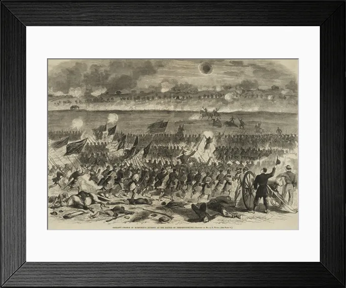 Framed Print : US Civil War, Battle of Fredericksburg, Dec. 13, 1862. Union Gen. Andrew Humphrey's leading his division in frontal assault on Confederate entrenchment after sunset, Dec. 13
