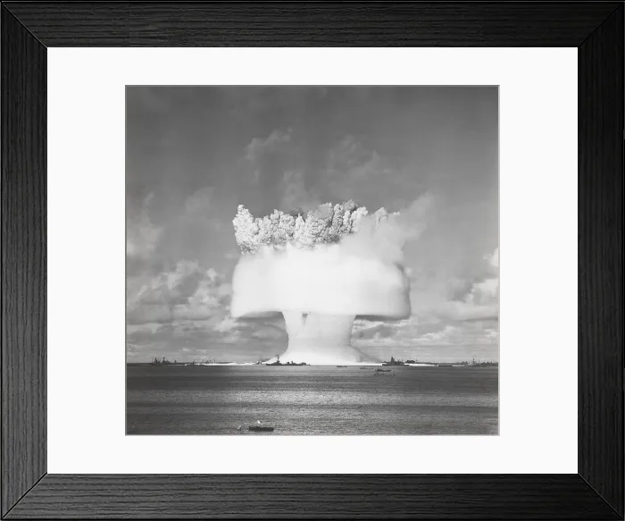 Framed Print : The BAKER test of Operation Crossroads, July 25, 1946. 2 seconds after the underwater detonation, the birthday cake on a platter stage of the explosion cloud formed Framed Print : The BAKER test of Operation Crossroads, July 25, 1946. 2 seconds after the underwater detonation, the birthday cake on a platter stage of the explosion cloud formed