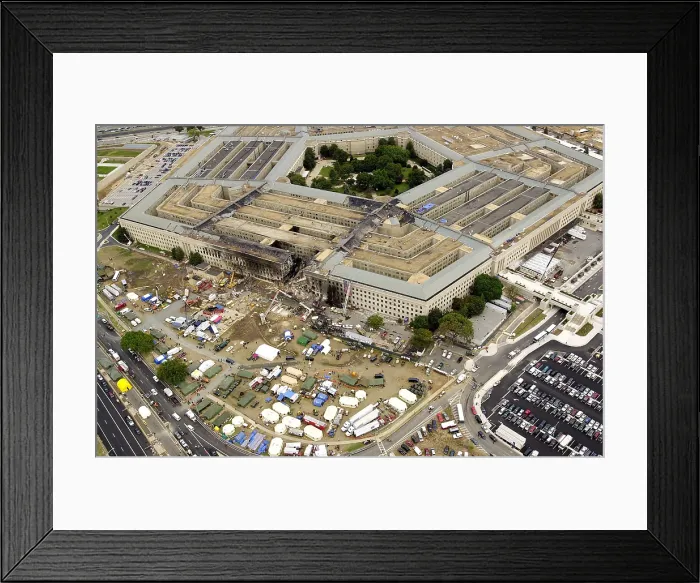 Framed Print : Aerial view of the Pentagon on Sept. 14, 2001, three days after 9-11 attacks. American Airlines Flight 77 crash caused severe damage to the outer ring of the west face