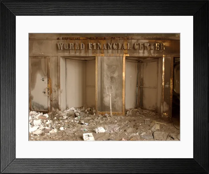 Framed Print : World Financial Center doorway blanketed in ash and soot after the collapse of the Twin Towers. Sept. 14, 2001. New York City, after September 11, 2001 terrorist attacks. U.S Framed Print : World Financial Center doorway blanketed in ash and soot after the collapse of the Twin Towers. Sept. 14, 2001. New York City, after September 11, 2001 terrorist attacks. U.S