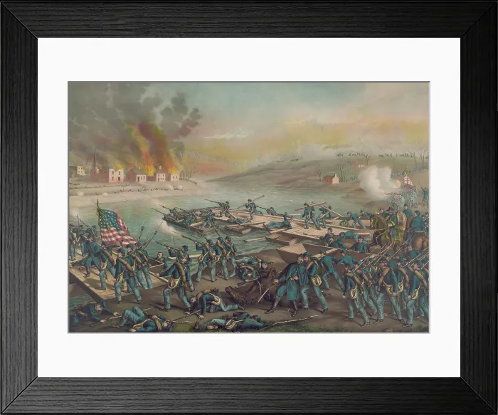 Framed Print : US Civil War, Battle of Fredericksburg, Dec. 11, 1862. Union army engineers fire back at Confederate snipers while constructing two pontoon bridges to invade the town Framed Print : US Civil War, Battle of Fredericksburg, Dec. 11, 1862. Union army engineers fire back at Confederate snipers while constructing two pontoon bridges to invade the town