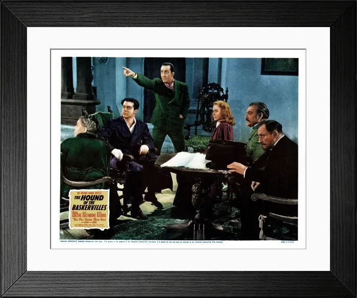Framed Print : THE HOUND OF THE BASKERVILLES, Richard Greene, (in blue), Basil Rathbone, (pointing), Wendy Barrie, (right of center), Nigel Bruce, (back right), Lionel Atwill, (right), 1939 Framed Print : THE HOUND OF THE BASKERVILLES, Richard Greene, (in blue), Basil Rathbone, (pointing), Wendy Barrie, (right of center), Nigel Bruce, (back right), Lionel Atwill, (right), 1939