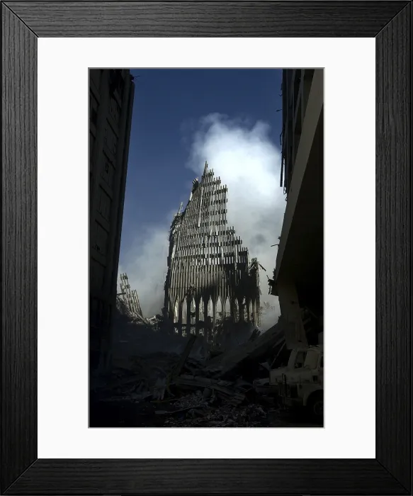 Framed Print : Remains of the North Tower of the World Trade Center, Sept. 14, 2001. New York City, after September 11, 2001 terrorist attacks. U.S Framed Print : Remains of the North Tower of the World Trade Center, Sept. 14, 2001. New York City, after September 11, 2001 terrorist attacks. U.S