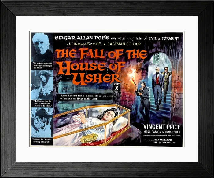 Framed Print : HOUSE OF USHER, (aka THE FALL OF THE HOUSE OF USHER), top left: Vincent Price; mid-left, from left: Vincent Price, Myrna Fahey; bottom left, from left: Myrna Fahey