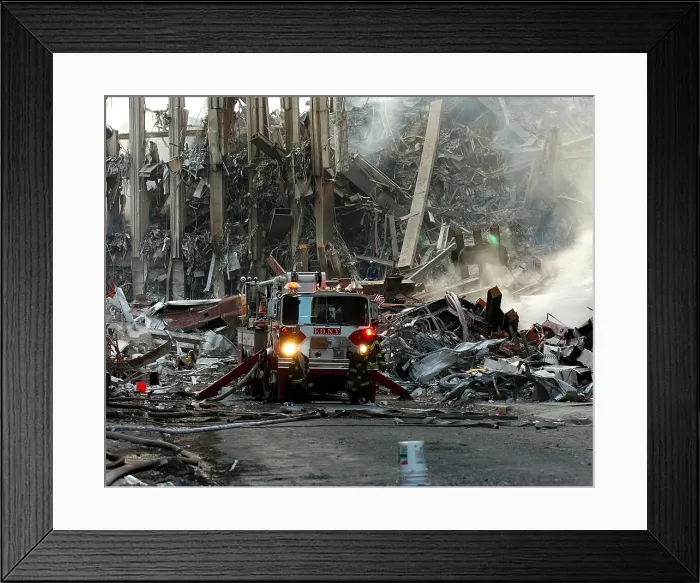 Framed Print : Fire engine by the ruins of the South Tower on Sept 16, 2001. World Trade Center, New York City, after September 11, 2001 terrorist attacks. U.S. Navy Photo by Eric J