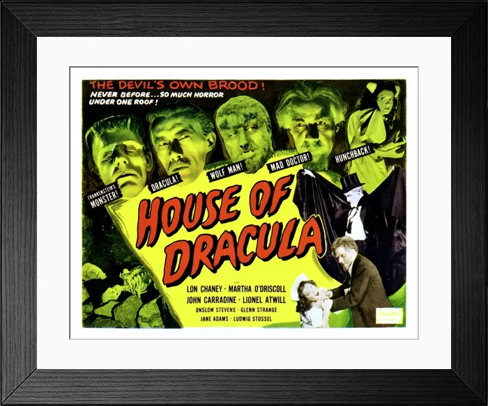 Framed Print : HOUSE OF DRACULA, Glenn Strange, John Carradine, Lon Chaney Jr. Lionel Atwill, Martha O'Driscoll, 1945