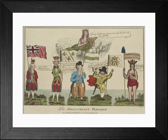 Framed Print : American Revolution. The Belligerent Plenipos, 1782, British political cartoon by Thomas Colley