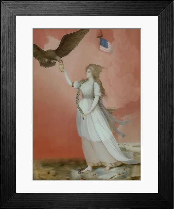 Framed Print : Liberty in the Form of the Goddess of Youth Giving Support to the Bald Eagle, 1800, Chinese, reverse painting on glass, was made for the American market