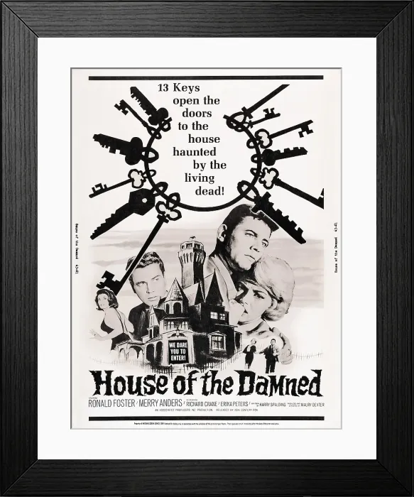 Framed Print : HOUSE OF THE DAMNED, l-r: Erika Peters, Richard Crane, Ron Foster, Merry Anders, far bottom: Merry Anders, Ron Foster on poster art, 1963