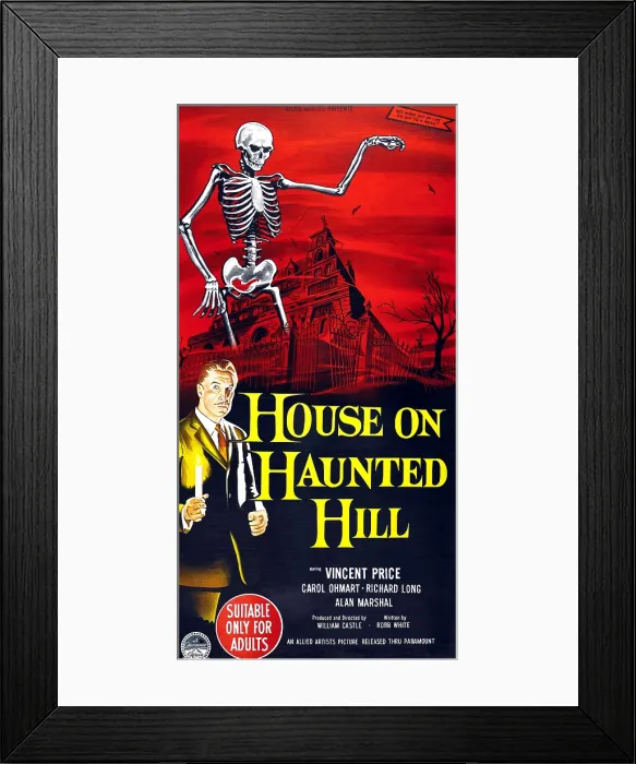 Framed Print : HOUSE ON HAUNTED HILL, bottom left: Vincent Price on Australian poster art, 1959
