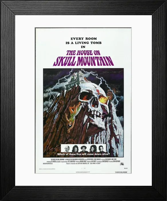 Framed Print : THE HOUSE ON SKULL MOUNTAIN, US poster, bottom from left: Jean Durand, Janee Michelle, Mike Evans, Ella Woods, Victor French, 1974