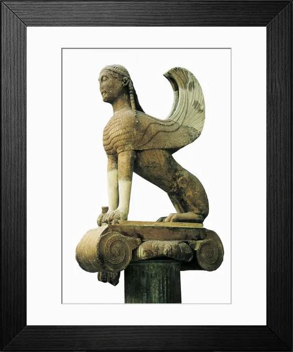 Framed Print : Sphinx of Naxos. ca. 570 BC. Archaic Greek art. Sculpture on marble. GREECE. Delphi. Delphi Museum. Proc: GREECE. Delphi. Temple of Apollo