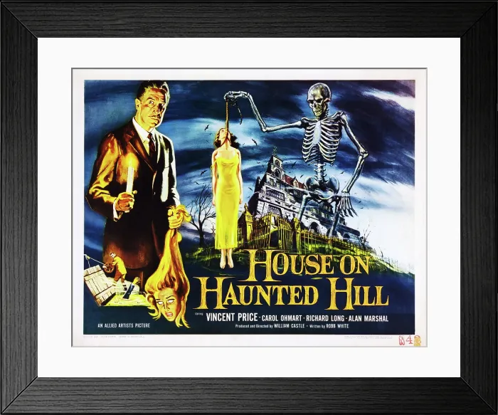 Framed Print : HOUSE ON HAUNTED HILL, left: Vincent Price on poster art painted by Reynold Brown, 1959