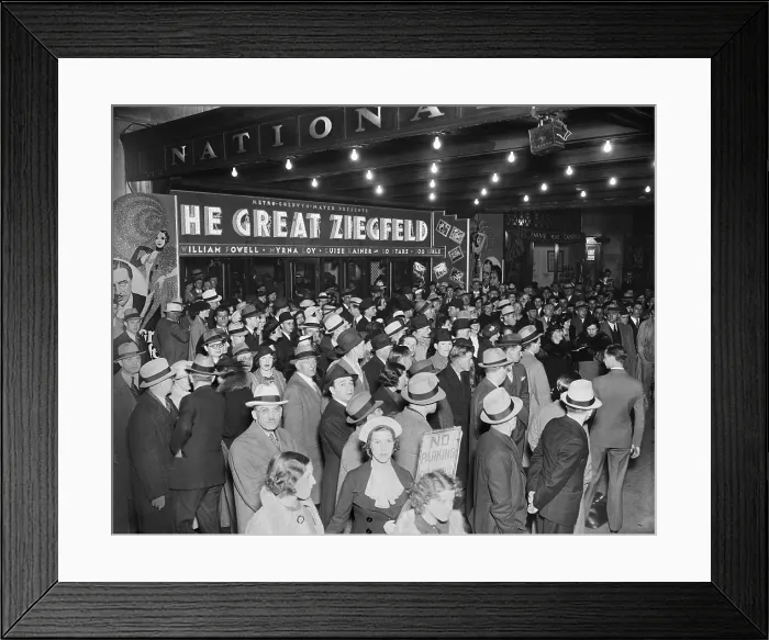 Framed Print : Crowd at the showing of THE GREAT ZIEGFELD at the National Theater, Washington, D.C. 1936. The film starred William Powell, Myrna Loy, and Luise Rainer (BSLOC_2017_12_65) Framed Print : Crowd at the showing of THE GREAT ZIEGFELD at the National Theater, Washington, D.C. 1936. The film starred William Powell, Myrna Loy, and Luise Rainer (BSLOC_2017_12_65)