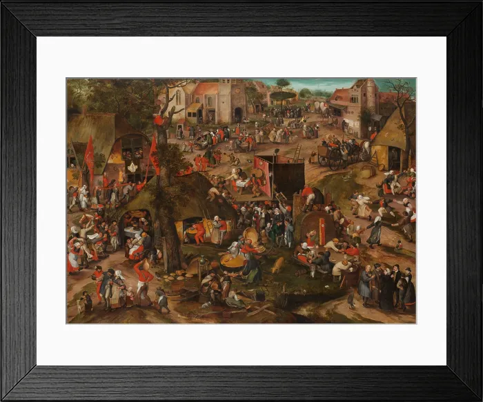 Framed Print : A Flemish Kermis with a Performance of the Farce EN CLUYTE VAN PLAEYERWATER, by Peeter Baltens. The town is celebrating a festival and human activities of every sort abound