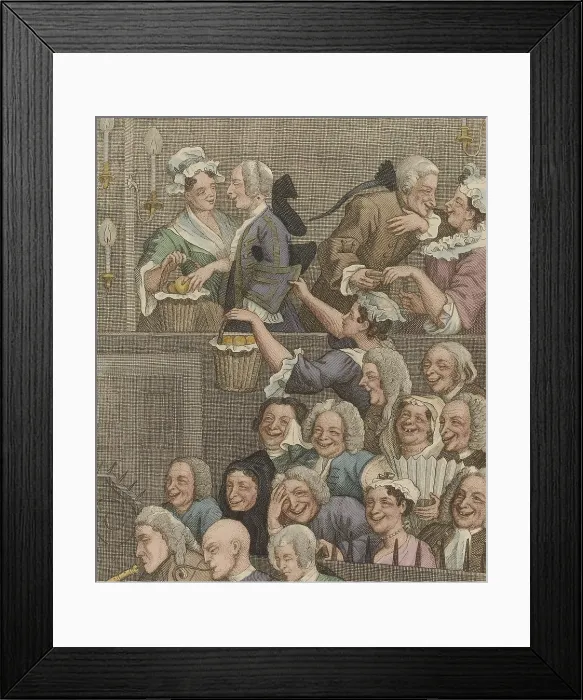Framed Print : THE LAUGHING AUDIENCE, by William Hogarth, c. 1761, British etching. Three rows of seats behind the orchestra are filled with laughing theater goers