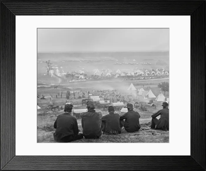 Framed Print : US Civil War, Peninsula Campaign, April-August, 1862. Five seated soldiers look out over the massive encampment of the Army of the Potomac
