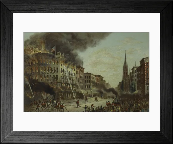 Framed Print : Burning of BARNUM'S AMERICAN MUSEUM, July 13th, 1865, at Broadway & Anne St. NYC. It was a spectacular fire with escaping wild animals