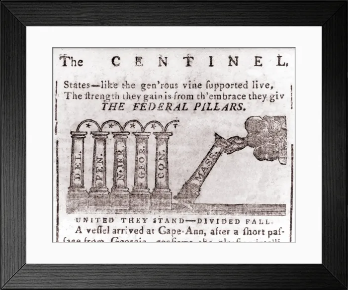 Framed Print : 1_The Federal Pillars, a political cartoon from the Massachusetts Centinel shows the Massachusetts column being added to those of Delaware, Pennsylvania, New Jersey, Georgia Framed Print : 1_The Federal Pillars, a political cartoon from the Massachusetts Centinel shows the Massachusetts column being added to those of Delaware, Pennsylvania, New Jersey, Georgia
