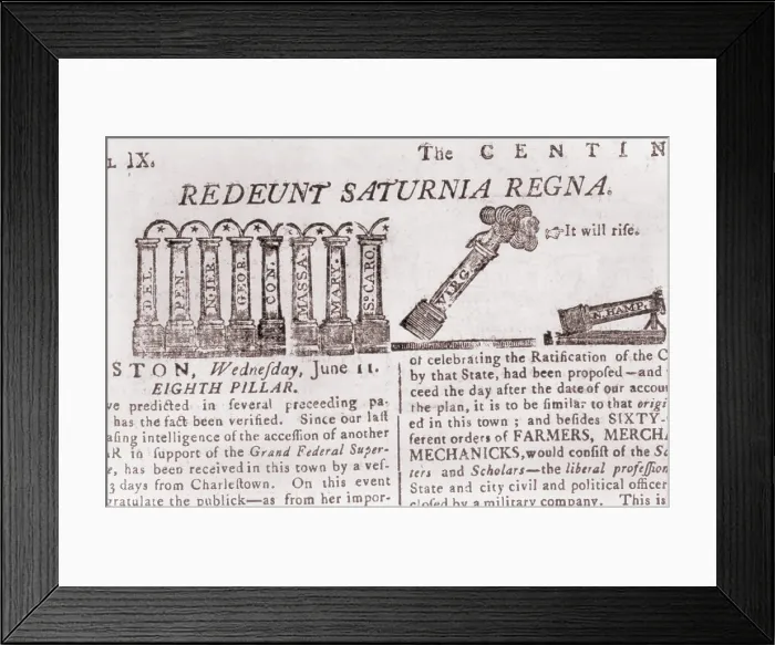 Framed Print : 2_The Federal Pillars, a political cartoon from the Massachusetts Centinel shows the Maryland and South Carolina columns in place and the Virginia column being put into position Framed Print : 2_The Federal Pillars, a political cartoon from the Massachusetts Centinel shows the Maryland and South Carolina columns in place and the Virginia column being put into position