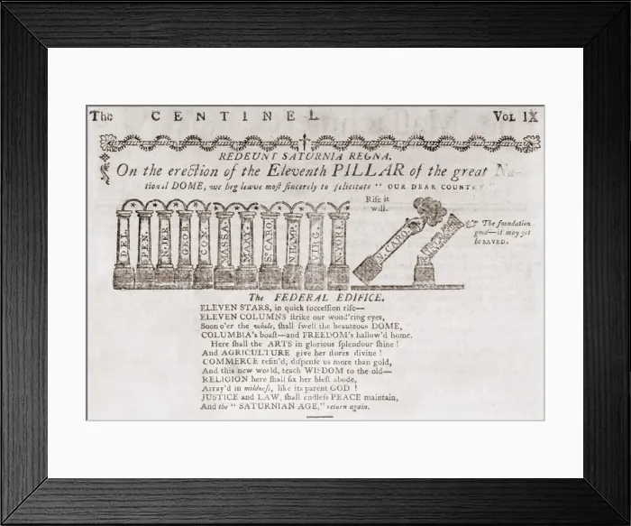 Framed Print : 3_The Federal Pillars, a political cartoon from the Massachusetts Centinel shows the New York column is in place Framed Print : 3_The Federal Pillars, a political cartoon from the Massachusetts Centinel shows the New York column is in place