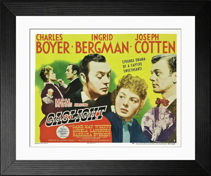 Framed Print : GASLIGHT, l-r: Ingrid Bergman, Charles Boyer, Ingrid Bergman, Joseph Cotten, inset l-r: Angela Lansbury, Charles Boyer on poster art, 1944