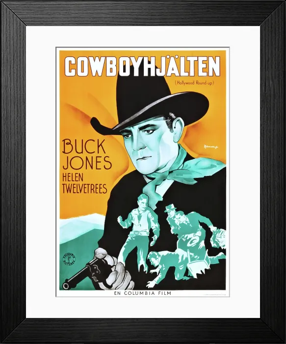 Framed Print : HOLLYWOOD ROUND-UP, (aka COWBOYHJALTEN), Buck Jones on Swedish poster art, 1937 Framed Print : HOLLYWOOD ROUND-UP, (aka COWBOYHJALTEN), Buck Jones on Swedish poster art, 1937