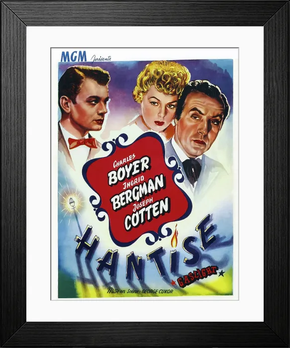 Framed Print : GASLIGHT, (aka HANTISE), French poster art, from left: Joseph Cotten, Ingrid Bergman, Charles Boyer, 1944 Framed Print : GASLIGHT, (aka HANTISE), French poster art, from left: Joseph Cotten, Ingrid Bergman, Charles Boyer, 1944