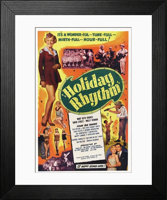 Framed Print : HOLIDAY RHYTHM, US poster, Mary Beth Hughes (top left), Wally Vernon (teloscope), bottom right form left: Mary Beth Hughes, David Street, 1950