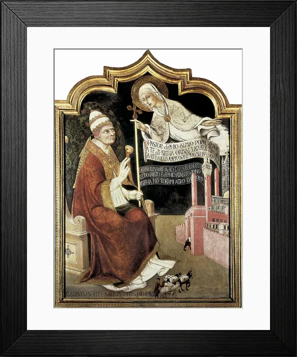 Framed Print : SANO di PIETRO, Ansano di Pietro di Mencio, called (1406-1481). The Virgin Recommending Siena to Pope Calixtus III. 1450s. Renaissance art. Quattrocento. Oil on wood. ITALY