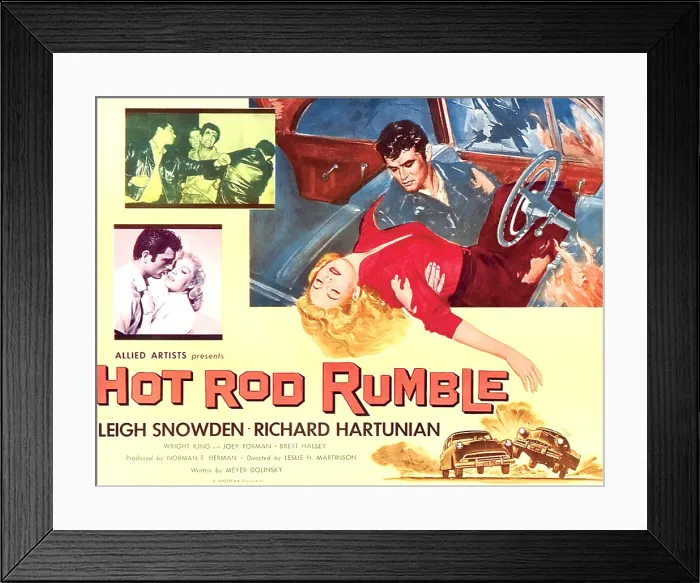 Framed Print : HOT ROD RUMBLE, left bottom: Richard Hartunian, Leigh Snowden, right l-r: Leigh Snowden, Richard Hartunian on poster art, 1957 Framed Print : HOT ROD RUMBLE, left bottom: Richard Hartunian, Leigh Snowden, right l-r: Leigh Snowden, Richard Hartunian on poster art, 1957