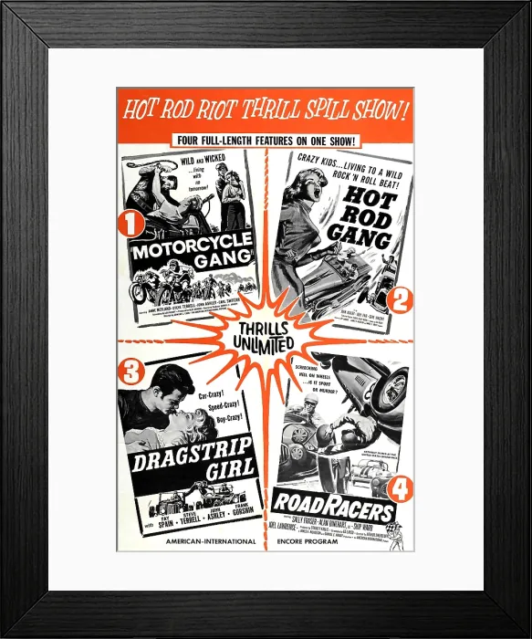 Framed Print : Multiple poster for HOT ROD GANG (1958), MOTORCYCLE GANG (1957), DRAGSTRIP GIRL (1957), ROADRACERS (1959)