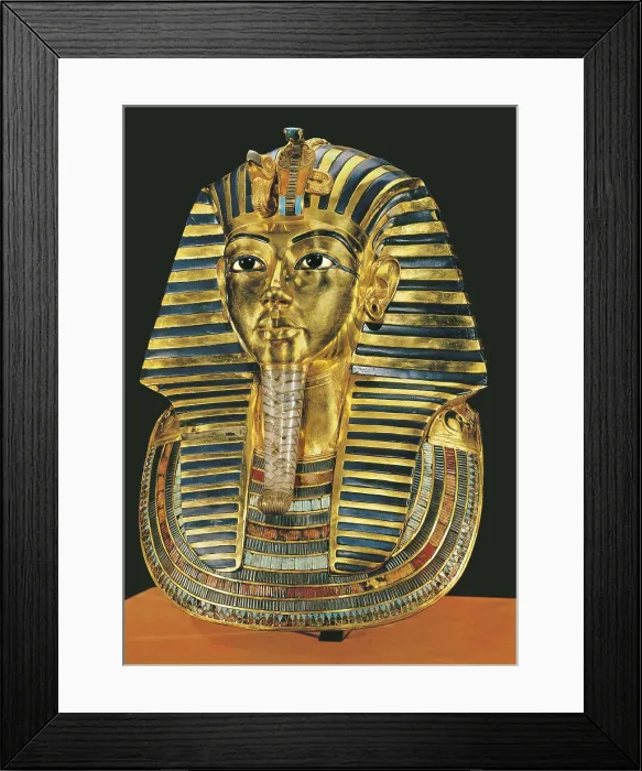 Framed Print : The gold mask. ca. 1340 BC. Gold Mask made in wood, gold, coloured vitreous paste and hard stones inlays. Situated at the third in mummiform coffin of the Treasure of Tutankhamun
