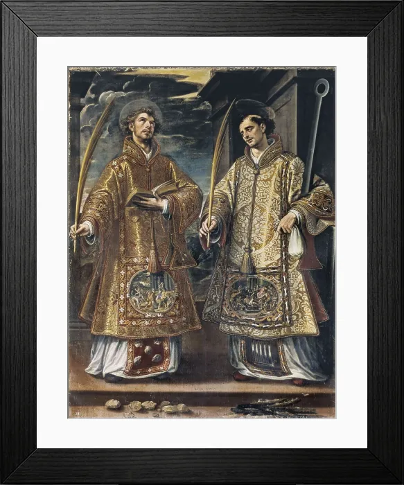 Framed Print : SANCHEZ COELLO, Alonso (1531-1588). Saint Lawrence and Saint Stephen. 1580. Renaissance art. Oil on canvas. SPAIN. San Lorenzo de El Escorial