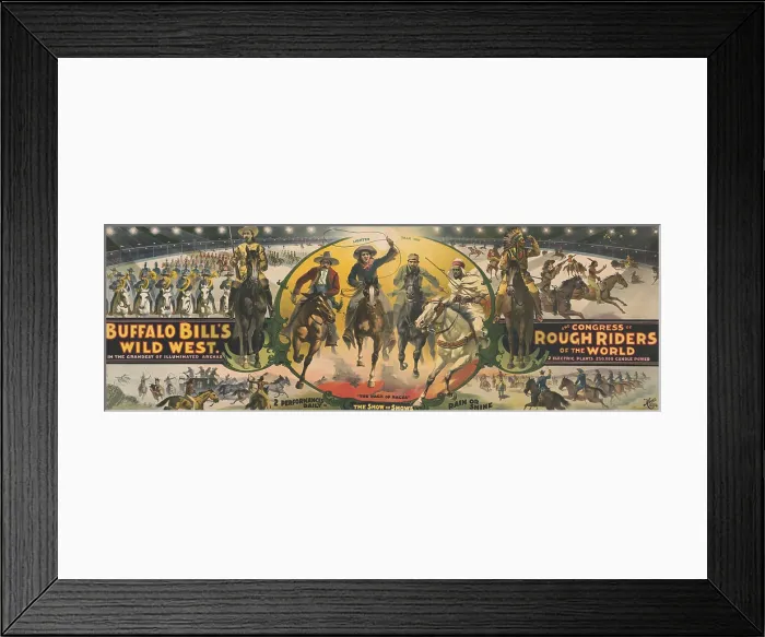 Framed Print : Poster promoting BUFFALO BILL'S WILD WEST and CONGRESS OF ROUGH RIDERS, 1895. The show was illuminated by 2 electric plants, providing 250, 000 candle power of light Framed Print : Poster promoting BUFFALO BILL'S WILD WEST and CONGRESS OF ROUGH RIDERS, 1895. The show was illuminated by 2 electric plants, providing 250, 000 candle power of light