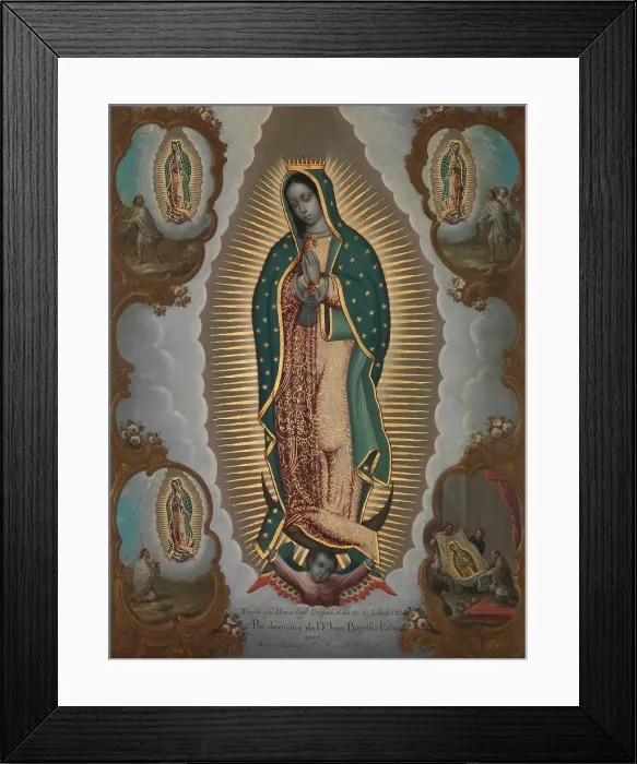 Framed Print : VIRGIN OF GUADALUPE WITH FOUR APPARITIONS, by Nicolas Enriquez, 1773, Mexican oil painting