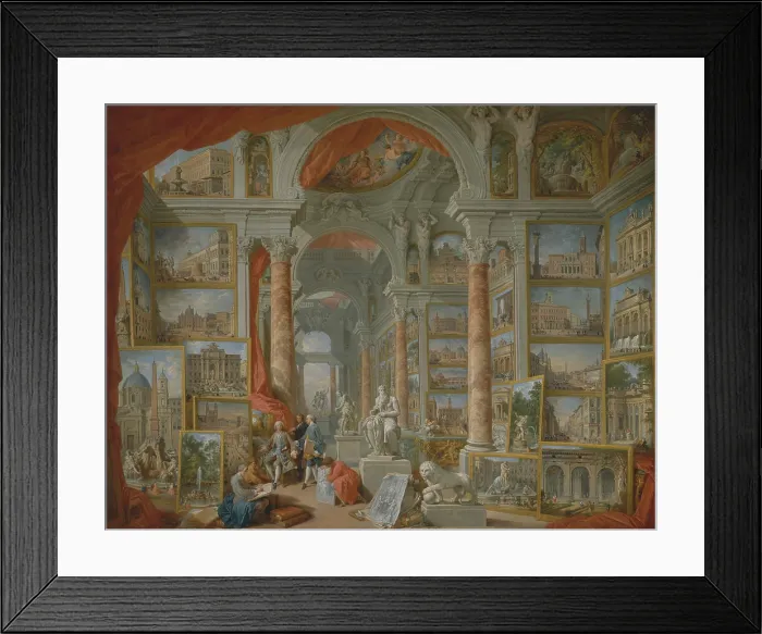 Framed Print : MODERN ROME, by Giovanni Paolo Panini, 1757, Italian painting, oil on canvas. Hanging in a large gallery are paintings of the most famous modern monuments of Rome as of 1750