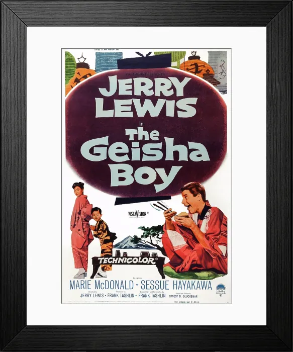 Framed Print : THE GEISHA BOY, US poster art, from left: Robert Hirano, Nobu McCarthy, Jerry Lewis, 1958
