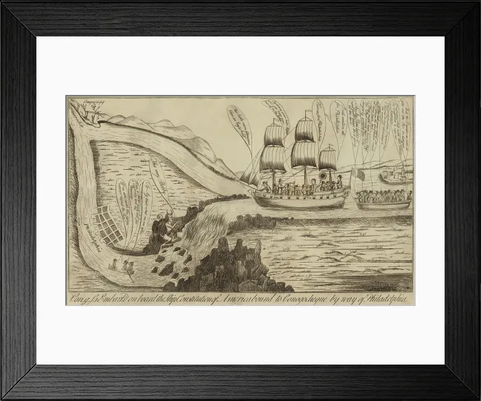 Framed Print : 1790 satirical political cartoon shows Con-g-ss embark'd on board the ship Constitution of America bound to Conogocheque by way of Philadelphia