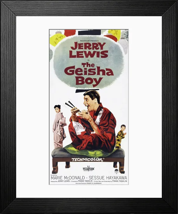 Framed Print : THE GEISHA BOY, US poster art, from left: Robert Hirano, Nobu McCarthy, Jerry Lewis, 1958