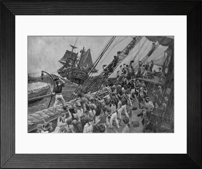 Framed Print : Quasi-War with France, 1799-1800. America sailors celebrate the victory of the USS Constellation over the French Frigate LInsurgente, off the Caribbean island of Nevis, on Feb