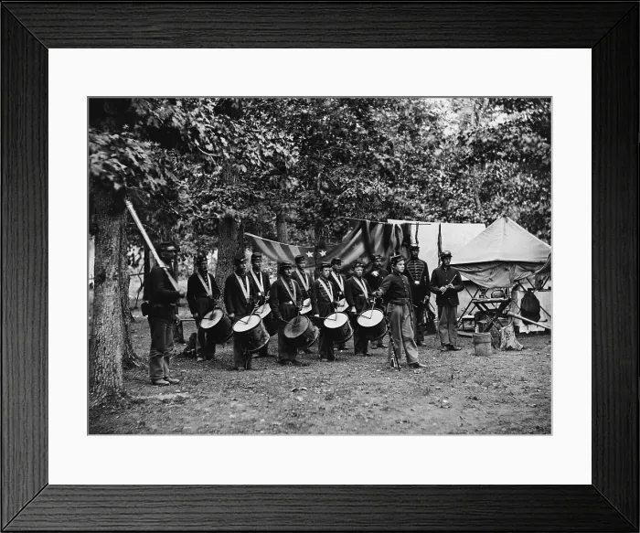 Framed Print : US Civil War. The Drum corps of the 93rd New York Infantry, served with General Meade at Bealeton, Virginia, August 1863. Photo by Timothy H. O'Sullivan (BSLOC_2018_8_164)
